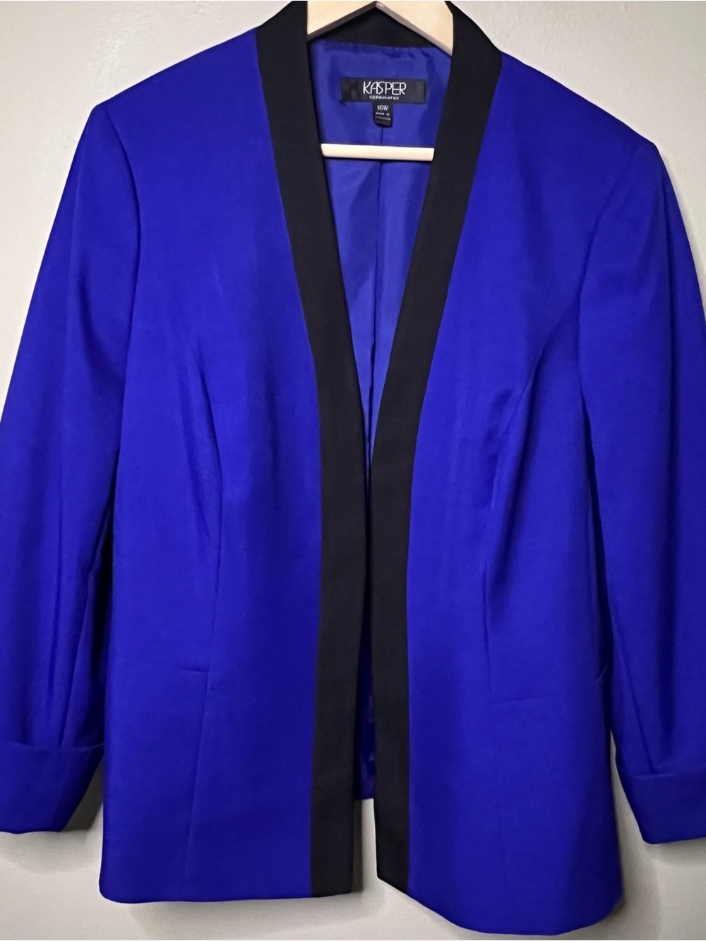 Kasper Open Front Jacket Blazer Women 16W Royal Blue Black Trim Lined Career